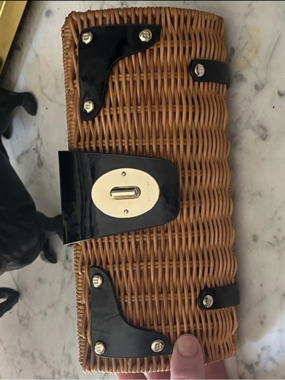 ♠️ KATE SPADE ♠️ Woven Straw Shoulder Bag with Black Leather Trim - Picture 2 of 16
